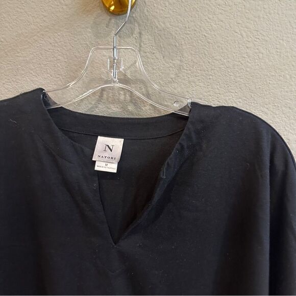 Natori | M | black Women's Classic Black Split Neck Top Super Soft Comfort Shirt - Picture 5 of 7